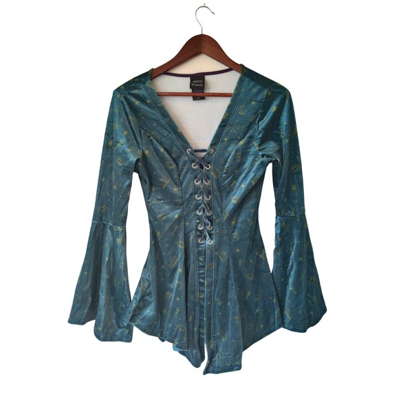 Her Universe Tops - Disney Her Universe Hocus Pocus Teal Velvet Lace Up Bell Sleeve Corset Top M